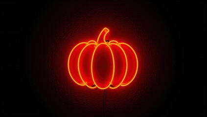Vibrant neon pumpkin sign glows brightly against a dark textured wall, perfect for Halloween, autumn celebrations, and seasonal marketing.