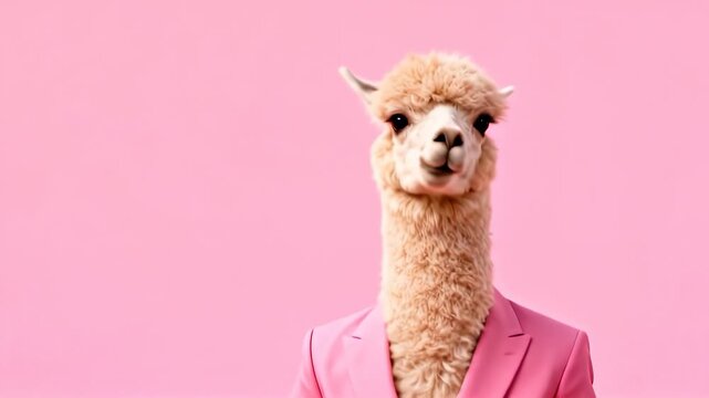 Funny dancing alpaca in a stylish pink jacket on a pink background. Party and entertainment concept.