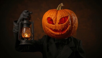 Spooky pumpkin head character holding a vintage lantern casting eerie light, perfect for Halloween promotions or autumnal themed designs this season
