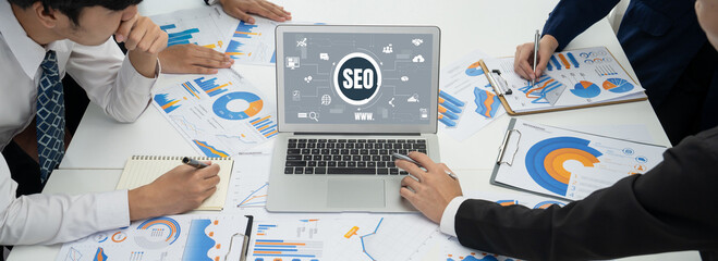 SEO search engine optimization for brisk e-commerce and online retail business showing on computer...