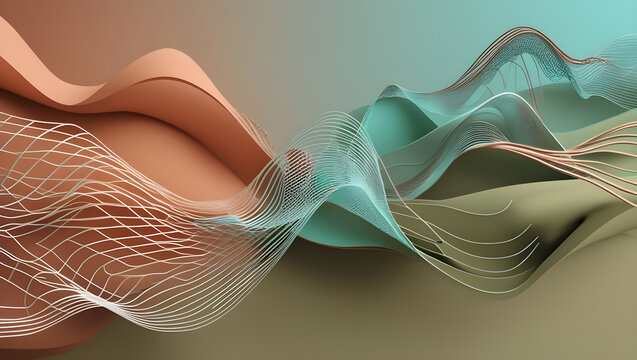 Abstract 3D background with smooth mesh waves in turquoise, terracotta and peach tones, wireframe lines, wide banner, modern wallpaper