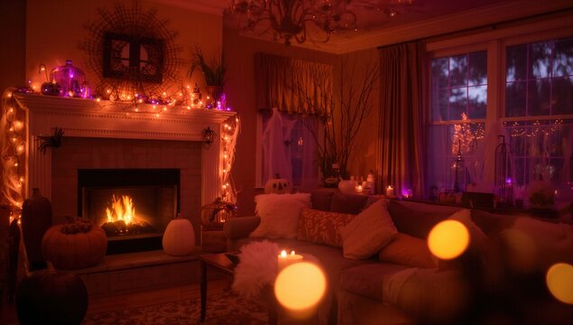 Cozy Halloween vibes with flickering fireplace, glowing fairy lights, and carved pumpkins creating a warm and inviting atmosphere for a festive gathering