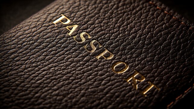 Close-up of a dark leather passport cover with embossed gold lettering, ready for travel. - Powered by Adobe