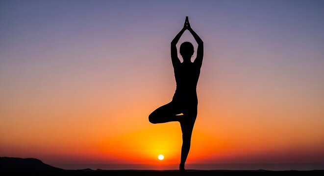 Silhouette Woman Yoga Pose Tree Pose Sunset Backdrop Serene Outdoor Scene Peaceful Exercise Tranquil Meditation Warm Sky Colors Balance Flexibility Wellness Lifestyle Horizon View Relaxation