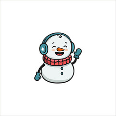 cute cartoon snowman in hat with a scarf. Doodle style. Christmas card with snowman. Vector
