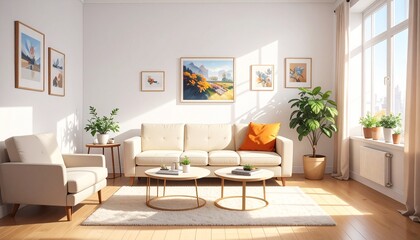 Fototapeta premium Interior, living room, bright, modern, cozy, stylish, spacious, elegant, comfortable, home, cream sofa, orange pillow, round tables, decorations, lighting, minimalistic, contemporary, inviting, warm, 