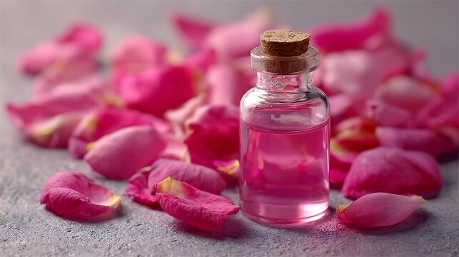 Small glass bottle filled with pink rose essence surrounded by delicate rose petals
