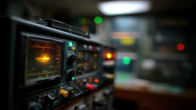 Medium shot of a VHF satellite transceiver panel sharply in focus emphasizing efficient voice communication upgrades against a softly blurred control room backdrop