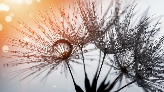 Mesmerizing dandelion seed head glistening with dew drops, perfect for wellness branding, nature documentaries, and serene visual experiences