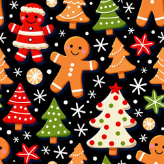 Vector christmas cartoon pattern. Cute toy chocolate gingerbread, snowflake, new year tree
on black background. Fashion design for children notebook, fabric, paper, textiles, clothing.  