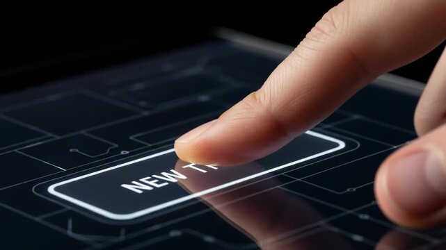Finger taps 'New Ticket' on glowing digital interface, sparking innovation and launching support requests in a modern tech environment