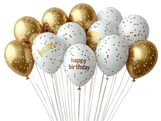 Cluster of gold and white birthday balloons against a black background