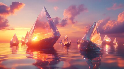 Sunset Sailboat Over River with City Skyline and Colorful Sky