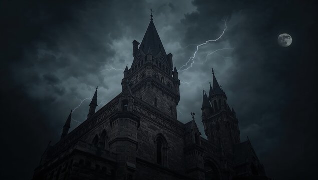 Dramatic gothic castle looms under a stormy sky with full moon and lightning strikes creating an ominous, mysterious atmosphere for your projects