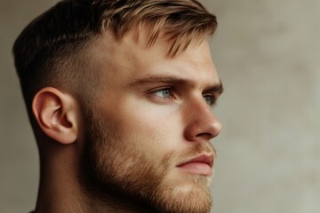 Obraz premium Young man with a stylish fade haircut and ginger beard looking away in profile. Focusing on youth and modern grooming