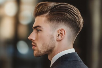 Young man showcasing a fashionable brushed back hairstyle with a sharp fade and a perfectly trimmed beard, wearing a suit