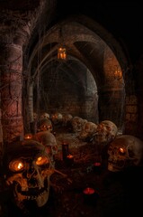 Spooky, atmospheric crypt scene with glowing skulls, candles, and eerie lighting, perfect for Halloween, horror, and gothic themes