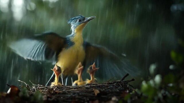 A parent bird with outstretched wings watches over its young in a nest during a rainstorm.