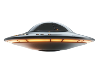 Metal UFO floats with glowing lights against a black background