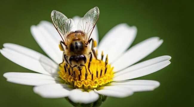 Honeybee on flower, close up on insect and its pollen collection from daisy, petals, and pistil. Honeybee gathers nectar on flower, with its hairy body and transparent wings clearly visible.