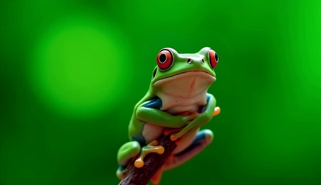 Close Up Portrait of a Green Frog with Red Eyes Sitting on a Branch Against a Blurry Green Background
