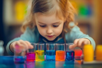 Young child focusing on small glass vials filled with different colored liquids, learning about basic science and chemistry