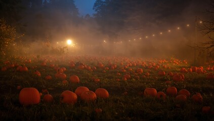 Enchanting pumpkin patch under a mystical evening sky with string lights, ideal for autumn festivals and Halloween celebrations