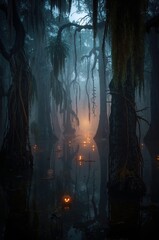 Spooky Halloween swamp scene with glowing Jack o'Lanterns and eerie, atmospheric fog creating a haunting, mysterious vibe