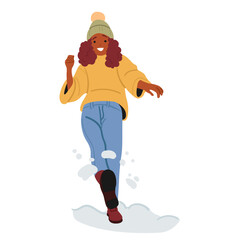 African American pretty teen girl cartoon character kicking snow playing outdoors enjoying winter