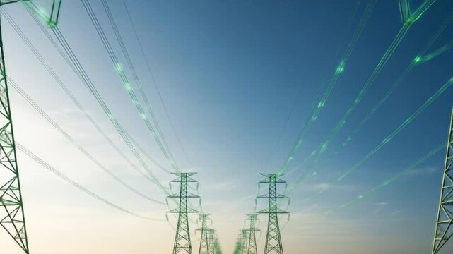 Power transmission towers delivering clean energy across the horizon, showcasing sustainable infrastructure and innovative energy solutions