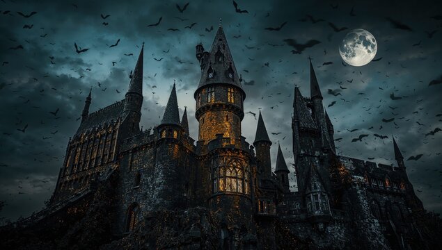 Spooky castle at night with full moon and bats flying against a dark, dramatic sky, perfect for Halloween - Powered by Adobe