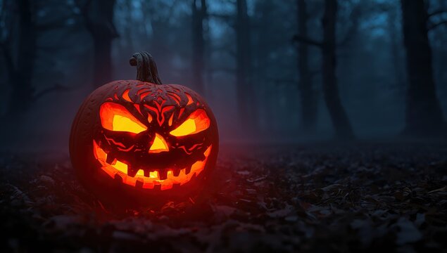 Eerie jack-o'-lantern glowing in a dark, spooky forest, perfect for Halloween promotions and autumnal event invites with a touch of chilling mystique