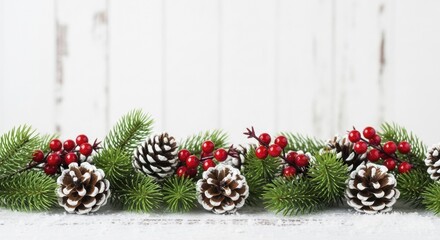 Festive winter holiday border with snow dusted pinecones, vibrant red berries, and evergreen branches on rustic white wood