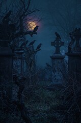 Eerie graveyard scene with ravens perched on tombstones under a full moon, perfect for a spooky Halloween project or gothic novel cover, dark and mysterious