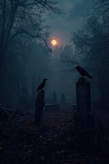 Eerie full moon illuminates spooky graveyard with ravens perched atop tombstones, perfect for Halloween and gothic themes, creating a haunting atmosphere