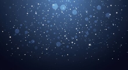 Abstract dark blue background with glittering white particles and soft bokeh lights creating a magical atmospheric effect