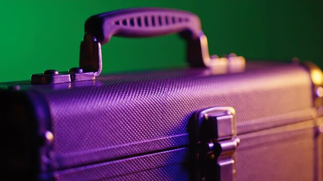 A black briefcase with a textured surface, handle, and latch, illuminated by dramatic purple and green lighting vector illustration