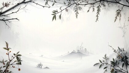 Obraz premium Artistic Winter Landscape with Branches and Misty Mountains
