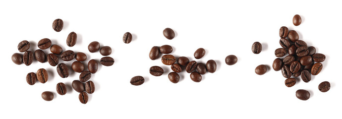 Set coffee beans isolated on white background, top view
