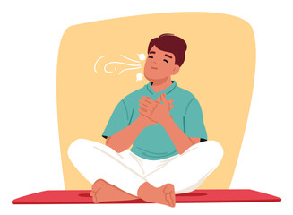 Teenage boy cartoon character sitting on mat and doing breathing exercise inhaling fresh air