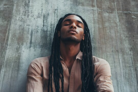 Young man standing against a concrete wall, eyes closed, displaying a serene expression and embracing calm