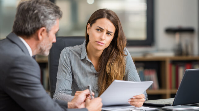 A tense, focused portrait of a young businesswoman sitting across from a male colleague or advisor, holding a document with a serious, scrutinizing, or skeptical expression.