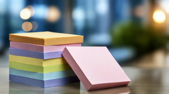 Repositionable sticky notes stacked neatly with one note partially lifted set against a softly blurred office backdrop illustrating easy adjustments and strong yet removable