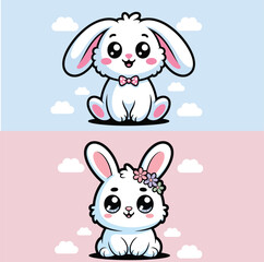 Two cute cartoon bunnies on pastel backgrounds with clouds and big eyes design