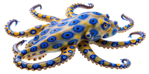 Highly detailed blue-ringed octopus displays vivid colors isolated on black for marine life and toxicology themes isolated on transparent background