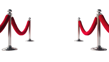 Red velvet ropes with chrome poles, spaced apart, against a black background