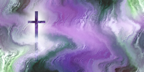purple cross with glow, cloud effect and marbled surface background in purple, green and white
