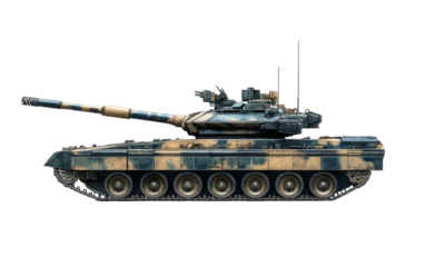 Camouflaged tank profile, showing tracks, turret, and long gun against black