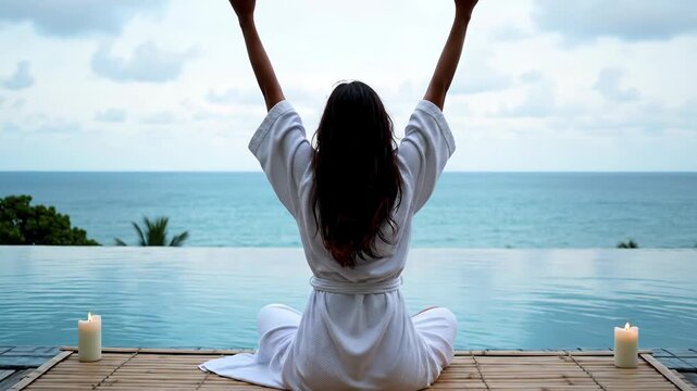 Woman in white robe meditating in lotus position by infinity pool with ocean view, arms raised to the sky, serene atmosphere vector illustration