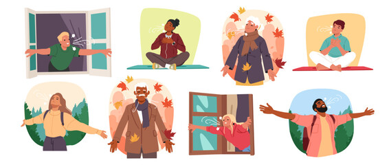 Diverse people breathing fresh air practicing meditation enjoying seasonal weather harmony